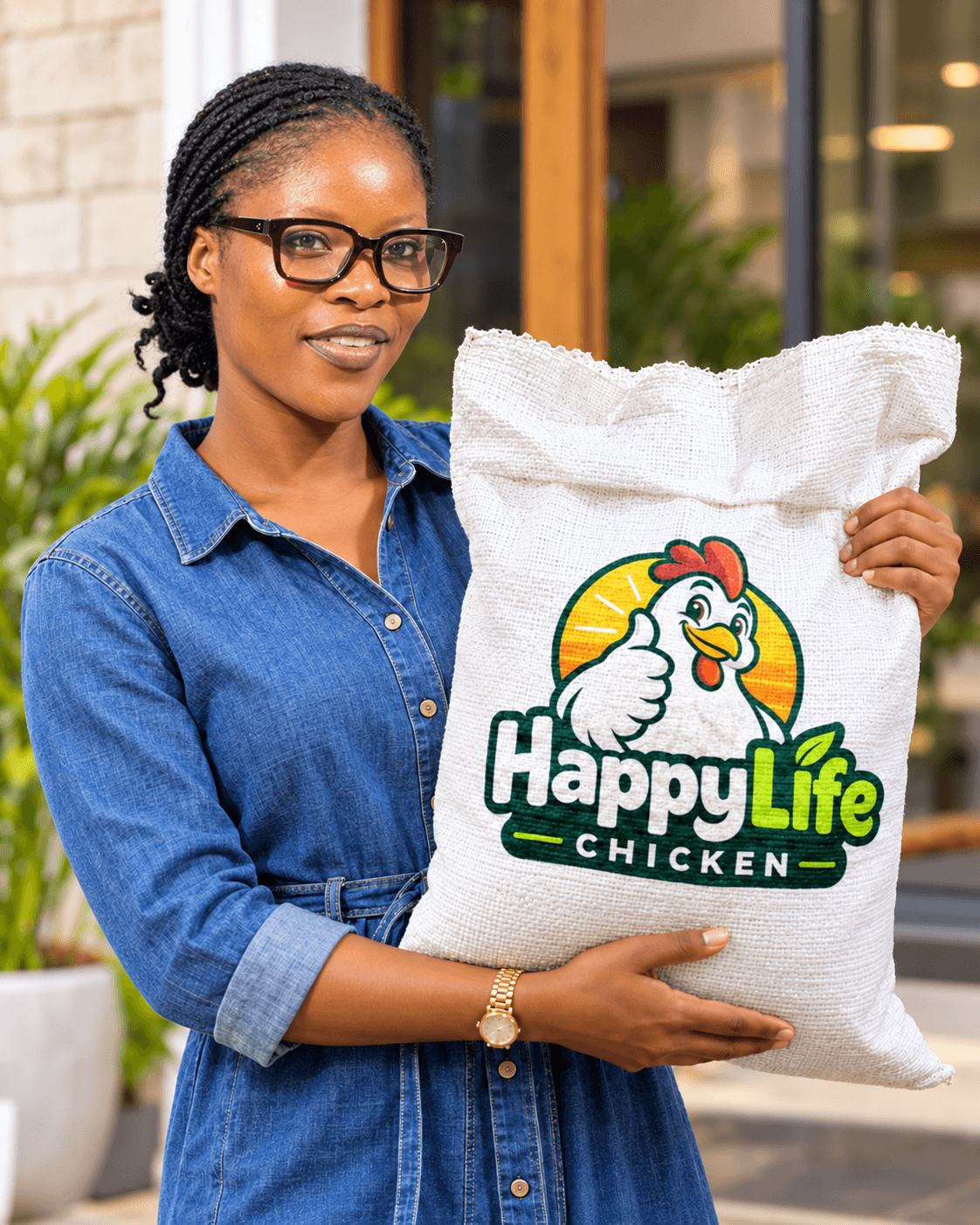 Woman holding a bag with the HappyLife Chicken logo